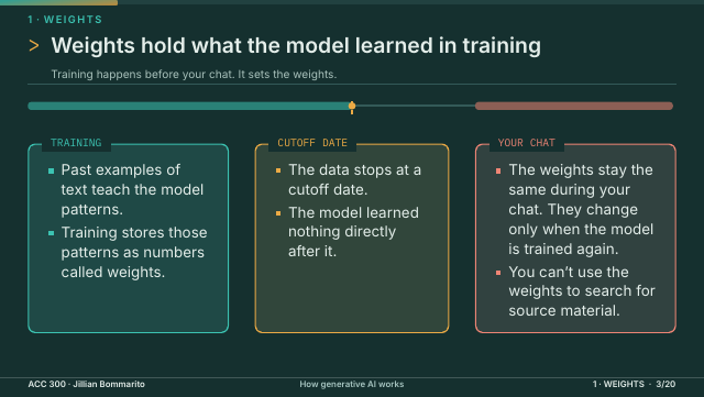 Slide 3. Weights hold what the model learned in training
