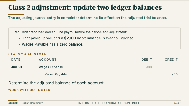 Slide 4. Class 2 adjustment: update two ledger balances