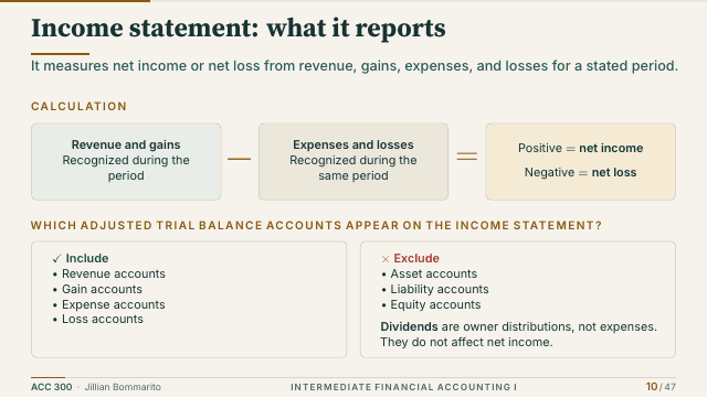 Slide 10. Income statement: what it reports